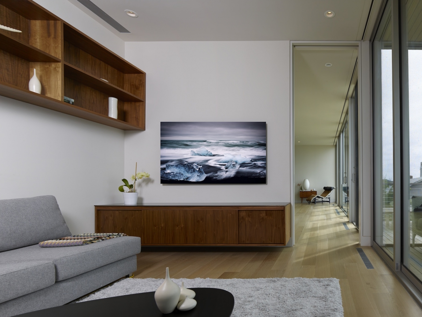 Media room with custom walnut credenza